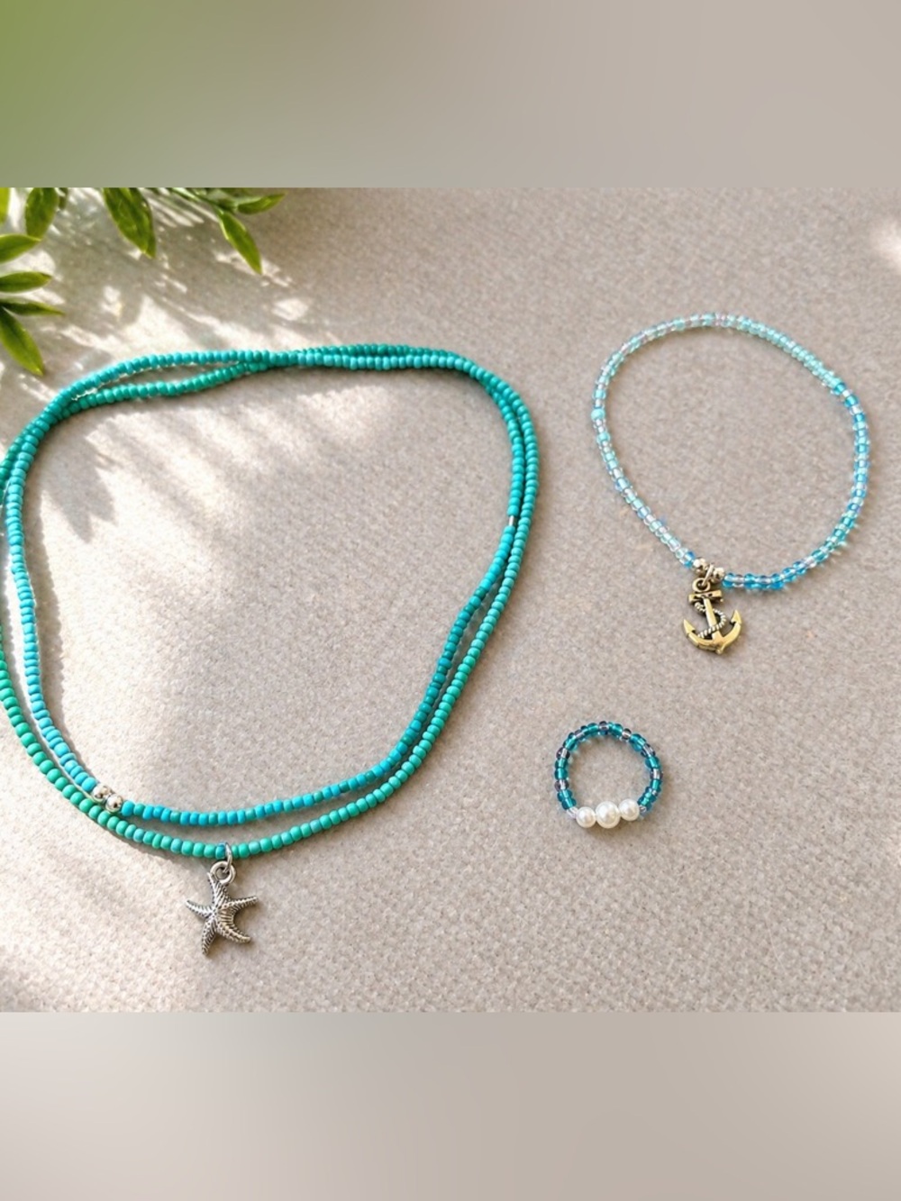 Convertible Coastal Beaded Jewelry Set | Starfish Necklace, Anchor Bracelet 8”